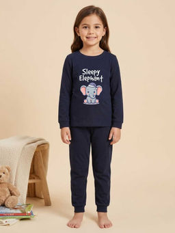 MALKIAT - Girls Cotton Navy Blue Sleepy Baby Elephant Graphic T-shirt and Joggers