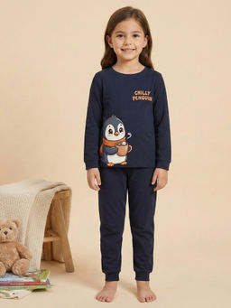 MALKIAT - Girls Cotton Navy Blue Chilly Penguin Graphic T-shirt and Joggers