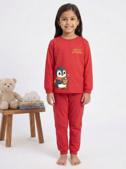 MALKIAT - Girls Cotton Red Chilly Penguin Graphic T-shirt and Joggers