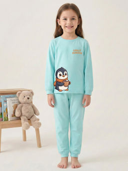 MALKIAT - Girls Cotton Sea Green Chilly Penguin Graphic T-shirt and Joggers