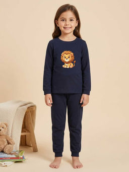 MALKIAT - Girls Cotton Navy Blue Kawaii Baby Lion Graphic T-shirt and Joggers