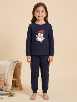 MALKIAT - Girls Cotton Navy Blue Waving Penguin Graphic T-shirt and Joggers