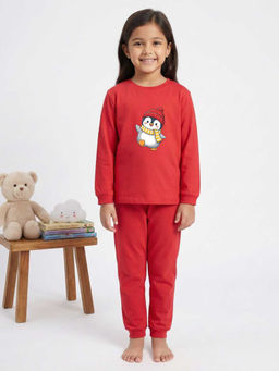 MALKIAT - Girls Cotton Red Waving Penguin Graphic T-shirt and Joggers