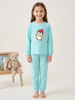MALKIAT - Girls Cotton Sea Green Waving Penguin Graphic T-shirt and Joggers
