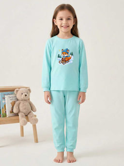 MALKIAT - Girls Cotton Sea Green Foxy Fun Ride Graphic T-shirt and Joggers