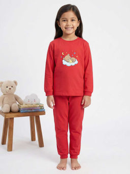 MALKIAT - Girls Cotton Red Bedtime Bear Graphic T-shirt and Joggers
