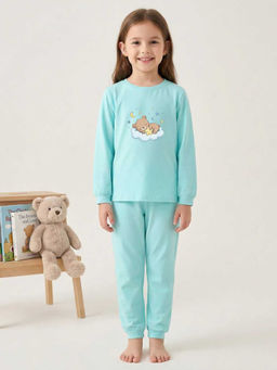 MALKIAT - Girls Cotton Sea Green Bedtime Bear Graphic T-shirt and Joggers