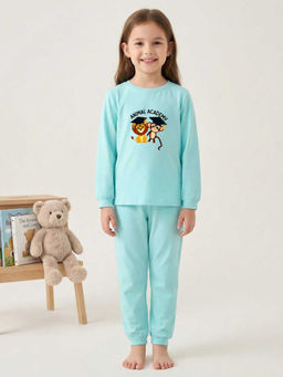 MALKIAT - Girls Cotton Sea Green Animal Academy Graphic T-shirt and Joggers