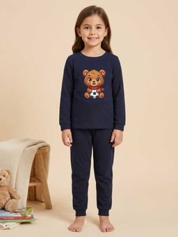 MALKIAT - Girls Cotton Navy Blue Soccer Bear Graphic T-shirt and Joggers