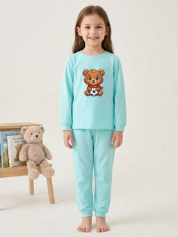 MALKIAT - Girls Cotton Sea Green Soccer Bear Graphic T-shirt and Joggers