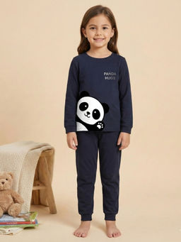 MALKIAT - Girls Cotton Navy Blue Panda Hugs Graphic T-shirt and Joggers