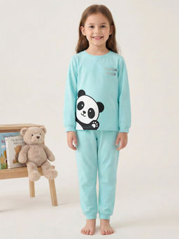 MALKIAT - Girls Cotton Sea Green Panda Hugs Graphic T-shirt and Joggers