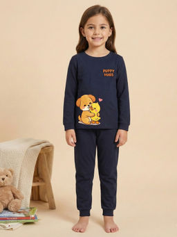 MALKIAT - Girls Cotton Navy Blue Best Friends Cuddle Graphic T-shirt and Joggers