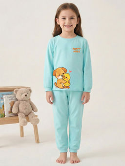 MALKIAT - Girls Cotton Sea Green Best Friends Cuddle Graphic T-shirt and Joggers