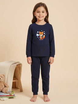 MALKIAT - Girls Cotton Navy Blue Bubble Fox Graphic T-shirt and Joggers