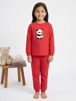 MALKIAT - Girls Cotton Red Kind Days Panda Graphic T-shirt and Joggers