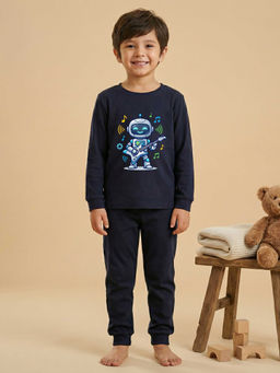 MALKIAT - Boys Cotton Navy Blue Rockstar Robot Graphic T-shirt and Joggers
