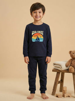MALKIAT - Boys Cotton Navy Blue Sunset Sailing Graphic T-shirt and Joggers