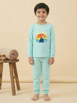 MALKIAT - Boys Cotton Sea Green Sunset Sailing Graphic T-shirt and Joggers