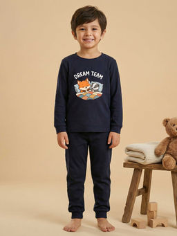 MALKIAT - Boys Cotton Navy Blue Bedtime Buddies Graphic T-shirt and Joggers