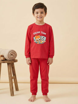 MALKIAT - Boys Cotton Red Bedtime Buddies Graphic T-shirt and Joggers