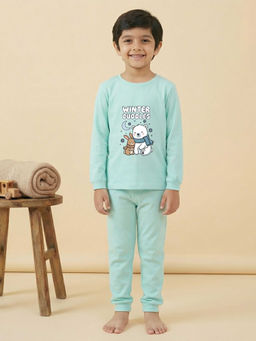MALKIAT - Boys Cotton Sea Green Cuddly Winter Graphic T-shirt and Joggers