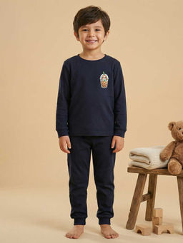 MALKIAT - Boys Cotton Navy Blue Cute Sloth Boba Graphic T-shirt and Joggers