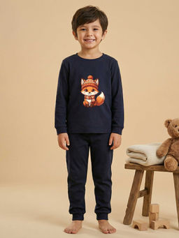 MALKIAT - Boys Cotton Navy Blue Cozy Fox Graphic T-shirt and Joggers