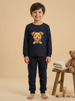 MALKIAT - Boys Cotton Navy Blue Happy Puppy Graphic T-shirt and Joggers