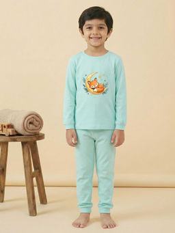 MALKIAT - Boys Cotton Sea Green Starry Night Fox Graphic T-shirt and Joggers