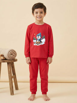 MALKIAT - Boys Cotton Red Penguin Fun Ride Graphic T-shirt and Joggers