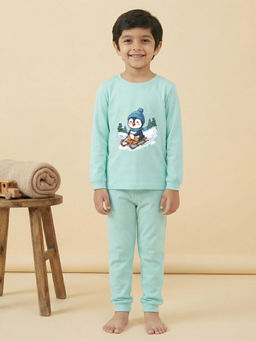MALKIAT - Boys Cotton Sea Green Penguin Fun Ride Graphic T-shirt and Joggers