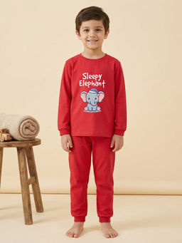 MALKIAT - Boys Cotton Red Sleepy Baby Elephant Graphic T-shirt and Joggers
