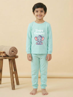 MALKIAT - Boys Cotton Sea Green Sleepy Baby Elephant Graphic T-shirt and Joggers