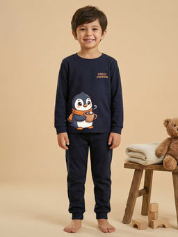 MALKIAT - Boys Cotton Navy Blue Chilly Penguin Graphic T-shirt and Joggers