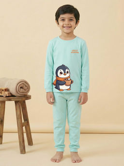 MALKIAT - Boys Cotton Sea Green Chilly Penguin Graphic T-shirt and Joggers