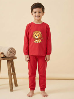 MALKIAT - Boys Cotton Red Kawaii Baby Lion Graphic T-shirt and Joggers