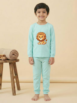 MALKIAT - Boys Cotton Sea Green Kawaii Baby Lion Graphic T-shirt and Joggers