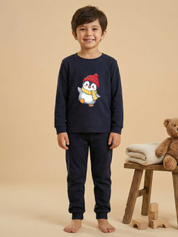 MALKIAT - Boys Cotton Navy Blue Waving Penguin Graphic T-shirt and Joggers