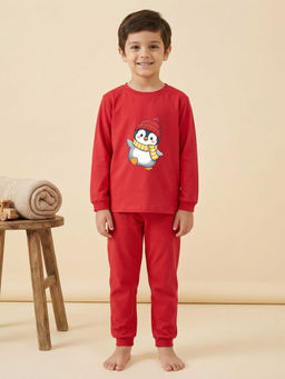 MALKIAT - Boys Cotton Red Waving Penguin Graphic T-shirt and Joggers