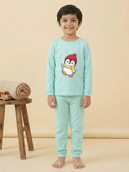 MALKIAT - Boys Cotton Sea Green Waving Penguin Graphic T-shirt and Joggers