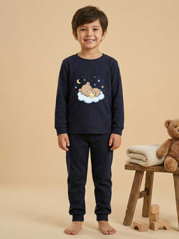 MALKIAT - Boys Cotton Navy Blue Bedtime Bear Graphic T-shirt and Joggers