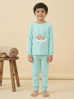 MALKIAT - Boys Cotton Sea Green Bedtime Bear Graphic T-shirt and Joggers