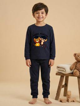 MALKIAT - Boys Cotton Navy Blue Animal Academy Graphic T-shirt and Joggers