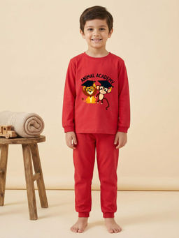 MALKIAT - Boys Cotton Red Animal Academy Graphic T-shirt and Joggers