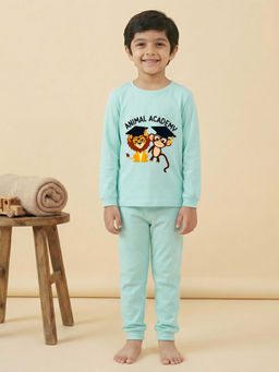MALKIAT - Boys Cotton Sea Green Animal Academy Graphic T-shirt and Joggers