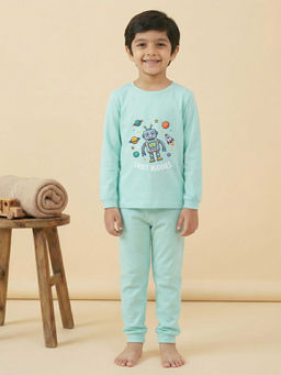 MALKIAT - Boys Cotton Sea Green Orbit Buddies Graphic T-shirt and Joggers