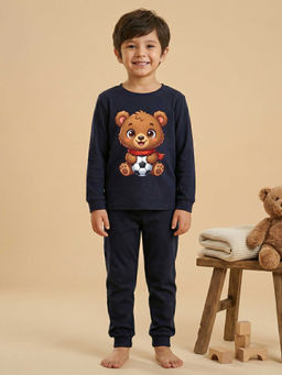 MALKIAT - Boys Cotton Navy Blue Soccer Bear Graphic T-shirt and Joggers