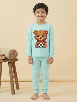 MALKIAT - Boys Cotton Sea Green Soccer Bear Graphic T-shirt and Joggers