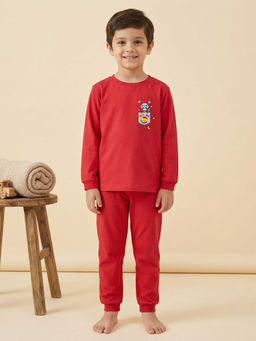 MALKIAT - Boys Cotton Red Space Raccoon Pocket Graphic T-shirt and Joggers